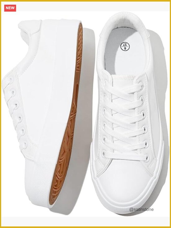 Shoes - White PU Leather Sneakers Casual Walking Shoes Lace-Up Water-Resistant